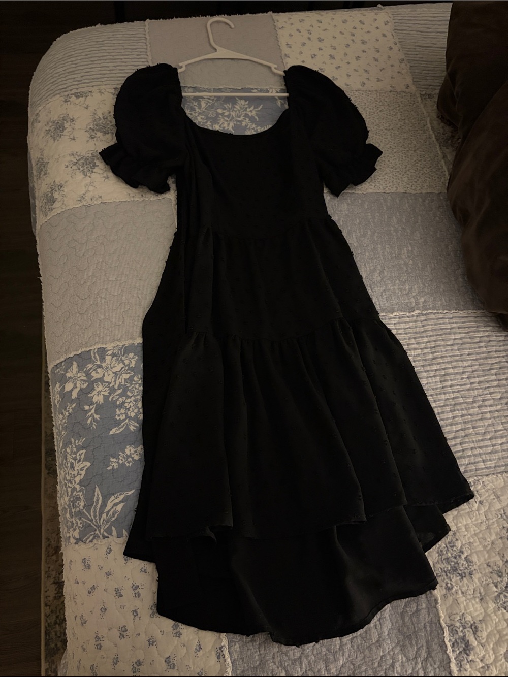 Amazon Black Puff-Sleeve High-Low Tiered Dress